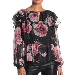 Walter Baker Evelyn Black Pink Floral Print Semi Sheer Ruffle Blouse Sz XL